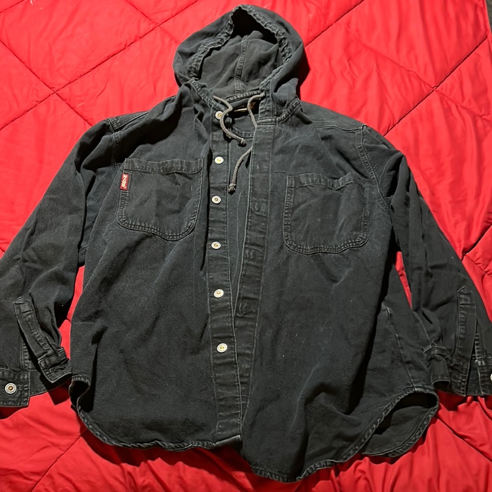 Union at mens jean jacket button down with hood black